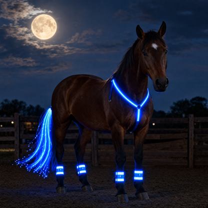 Horse wearing the Moonmare Full Glow Kit at night